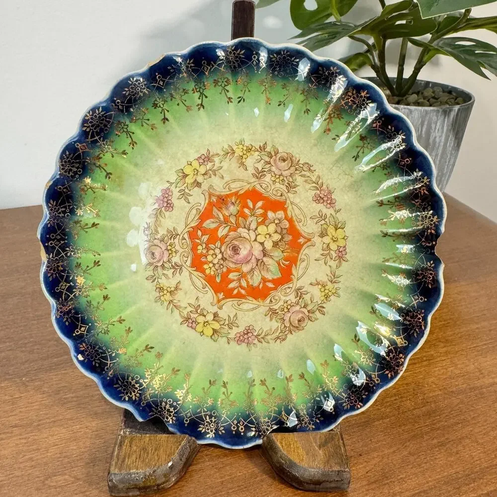 Vintage Leigh Ware Scalloped Dessert Plate Cobalt Blue Floral 22K Gold Chip